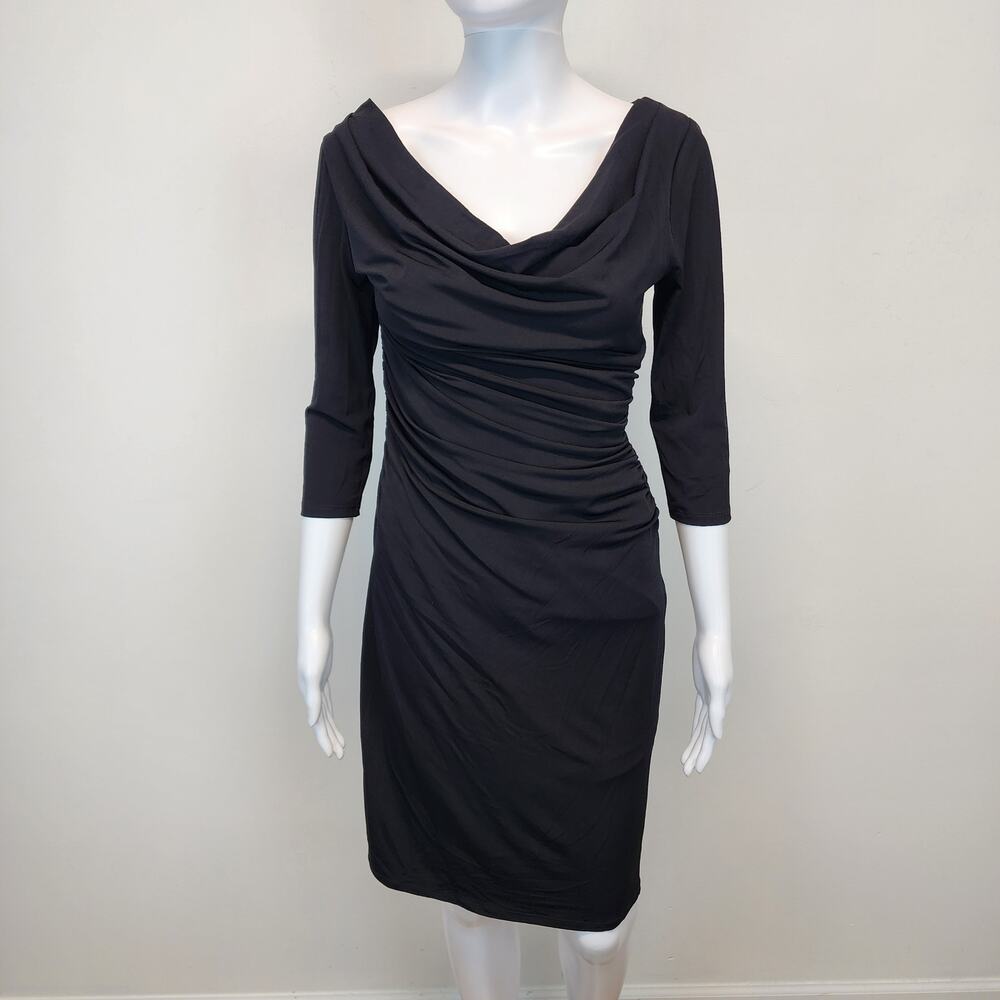 WHBM Cowl Neck Sheath Dress Size 4 Black Stretch Y2K 3/4 Sleeve Ruched Evening
